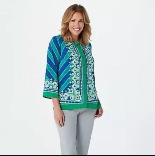 Bob Mackie Wearable Art Bombay Print Green Button Up Blouse Shirt Medium NWT - Picture 6 of 6