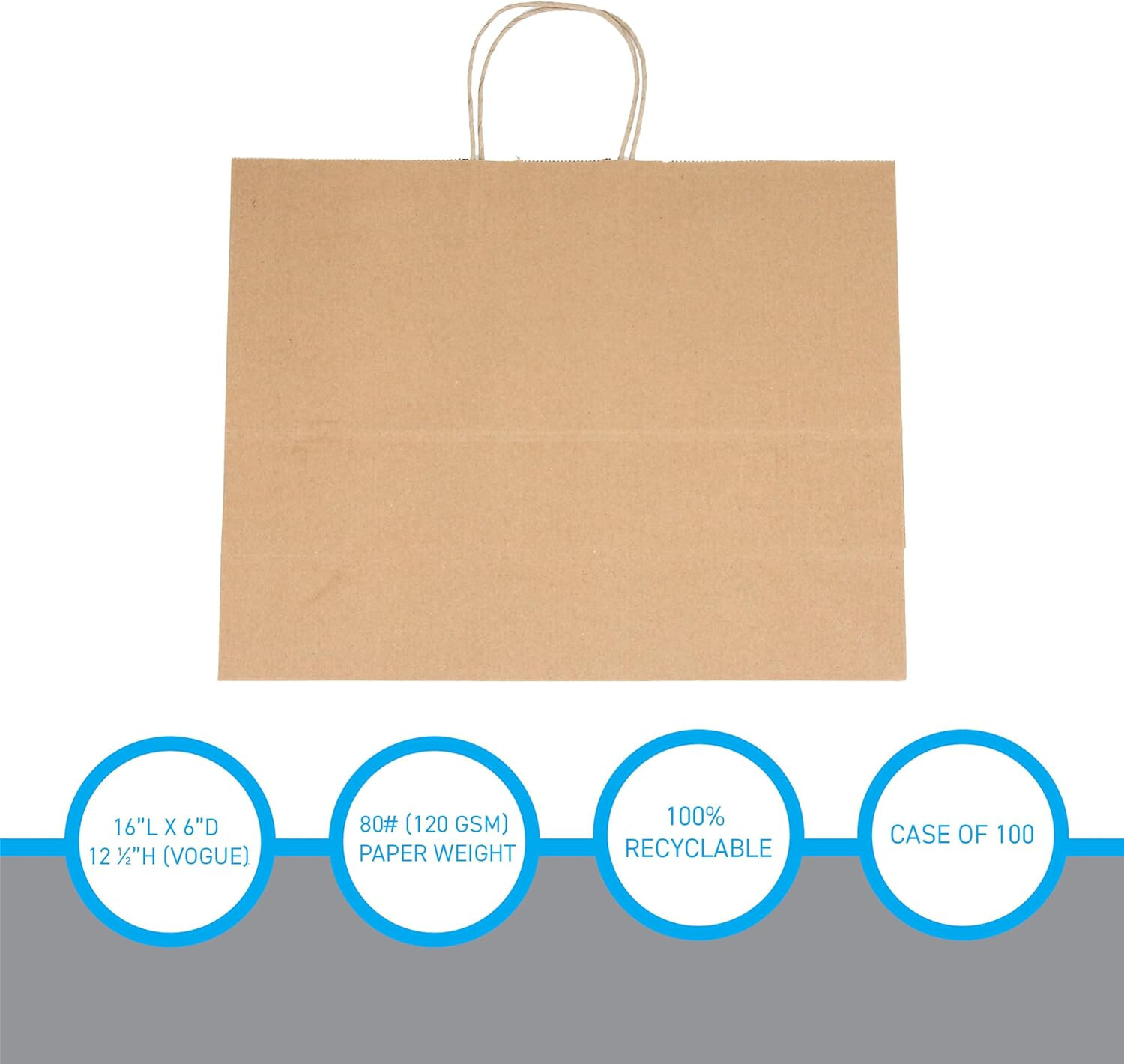 Paper Shopping Bags 100 Natural Kraft 16" x 6 x 12 ½" Retail Merchandise Handles