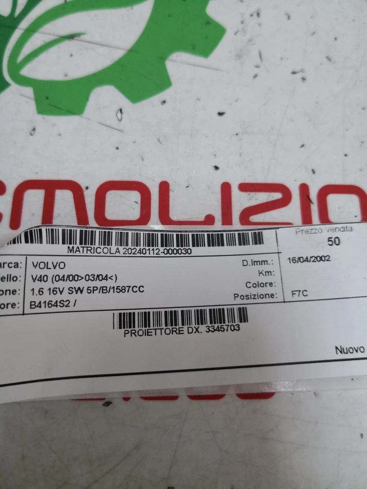 1ag247002 Faro Proiettore Destro Volvo V40 2003 Restyling  Foto 4 de 4