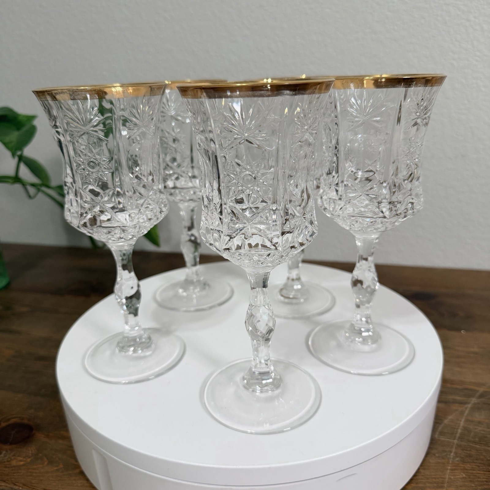 Vintage Royal Crystal Rock Impero Gold Rim Lead Crystal Goblets Glasses Set of 5