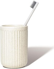 Beige Speckled Ceramic Toothbrush Holder, Rippled Cylinder Tumbler for Bathroom