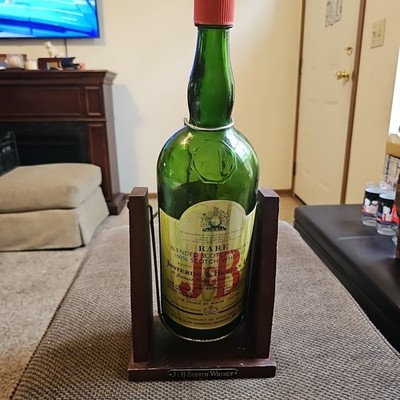 J&B Rare Scotch Whiskey 1 Gal Bottle EMPTY w/Wooden Swing Display Man Cave Bar