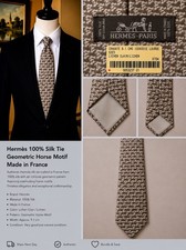 HERM S Men's 100 Silk Brown/Beige Geometric Horse Logo Tie Made in France