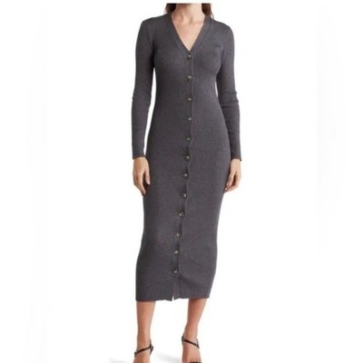 Torn By Ronny Kobo Vianne Wool Rib Knit Button Down Midi Sweater Dress Gray sz L