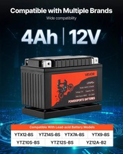 Motorcycle Battery, 12 Volt 4Ah, LiFePO4 Lithium Pre-Charged Powersports