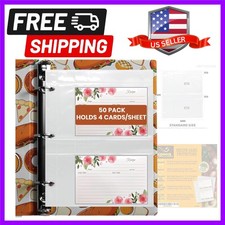 Recipe Card Protectors 4x6 for 3 Ring Binder, 50 Pack 200 Pockets Crystal C...