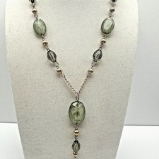 Vintage Gold Tone Chain Necklace Green Acrylic Glass Bead Drop Women's Jewellery
