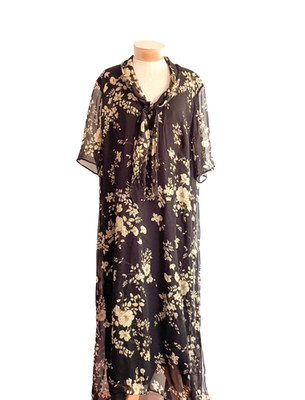 MARINA RINALDI Italy Black Floral Tie Neck 100% Silk Dress MOTB Size 29 = 20 US