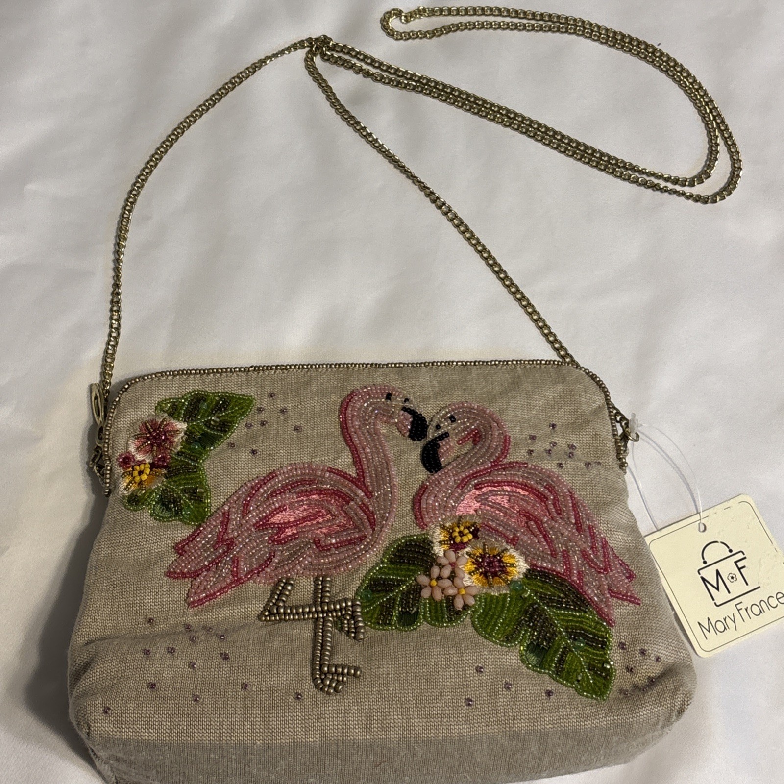 Mary Frances Pink Flamingo Beaded Crossbody Bag Linen Clutch New With Tag