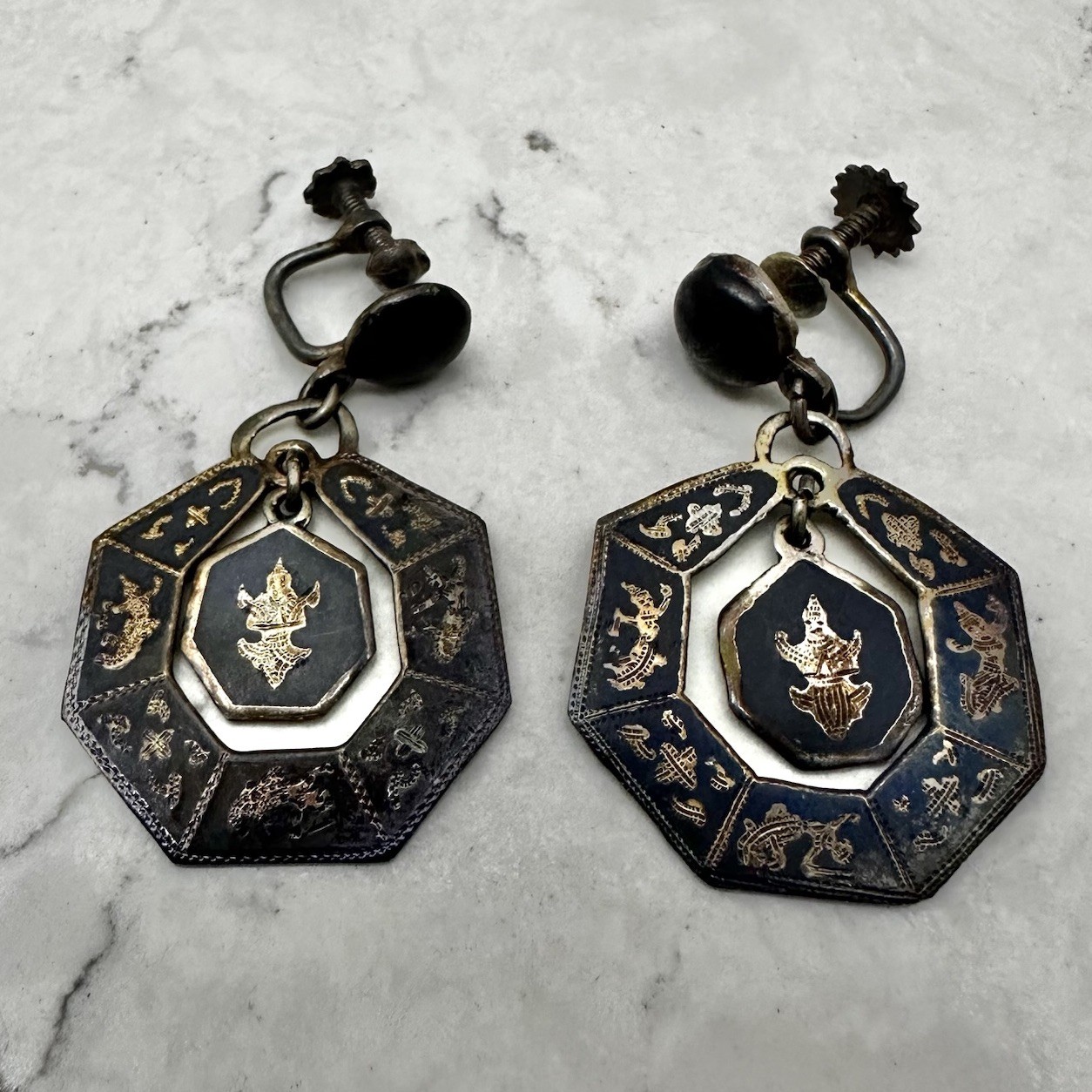 Vintage Siam Arts Sterling Silver Earrings Niello Hindu Dancer Goddess Thailand