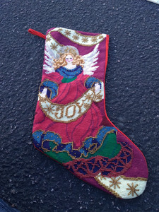 Vintage Embroidered Stocking JOY Angel Christmas Felt Red Beaded