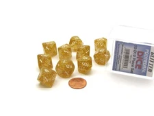 Pack of 10 D10 Glitter Dice in Display Case- Yellow with White Numbers