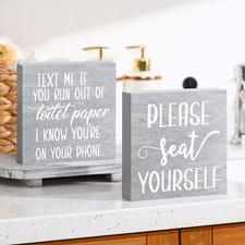 Jetec 2 Pieces Farmhouse Bathroom Signs Decor Wooden 6 x 6 x 1.2 inches, Gray