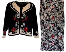 VTG Herman Geist Blue Red Sweater & Skirt Set Sz L Floral Hand Embroidered Beads