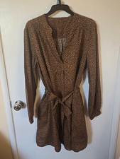 Brown Leopard Print Long Sleeve V Neck Tie-Waist Dress, Size Large