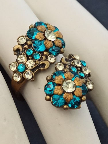 Michal Negrin Ring Split Shank Deep Turquoise Blue Crystals Flowers Deco 8.5 - Picture 8 of 15