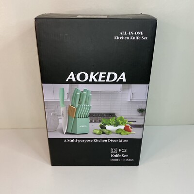 Aokeda 16pcs Forged Carbon Steel Kitchen Knife Set Wooden Block and Sharpener