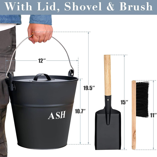 Ash Bucket with Lid, Shovel, and Broom - 3.5-Gallon Metal Ash Can for Fireplaces - Picture 4 of 9