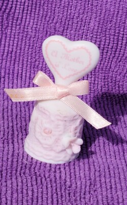 Vintage Enesco Bisque Thimble; Mother Is Love, Mother's Day, Heart, Silk Bow