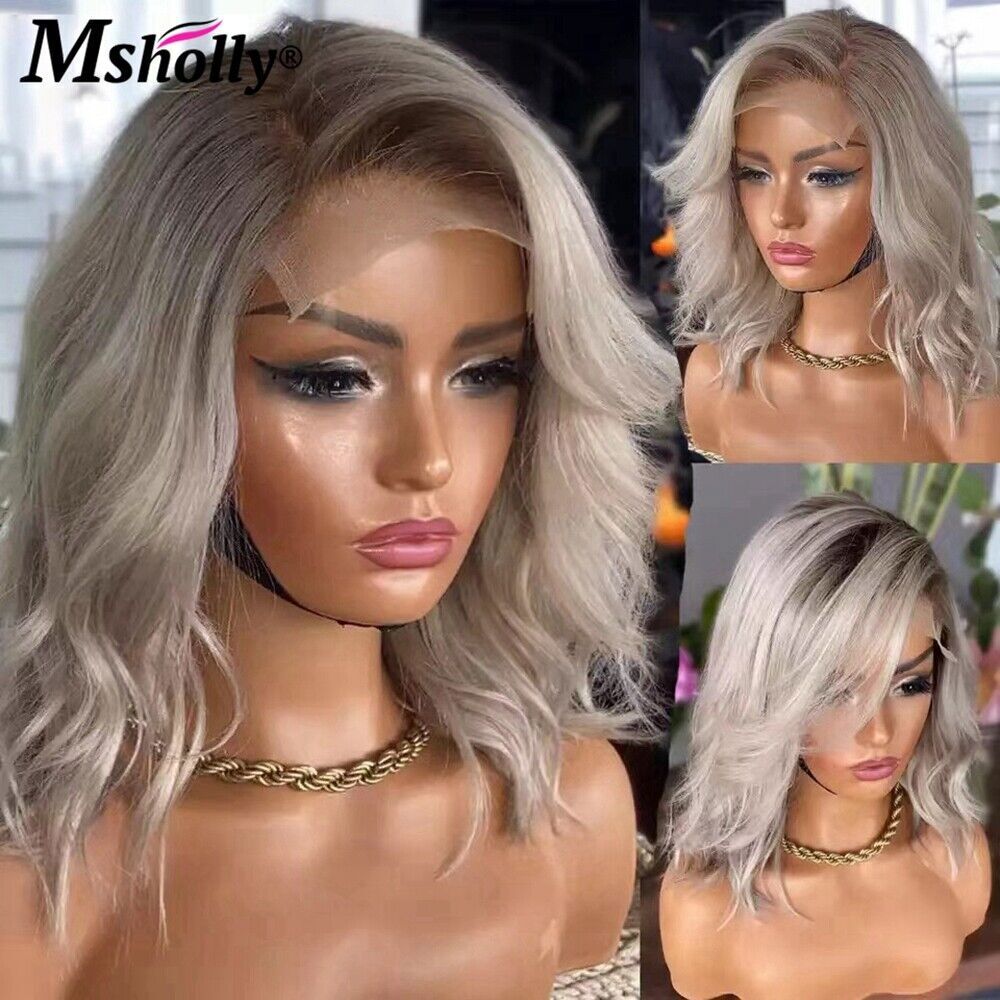 Ash Grey Ombre Short Wavy Lace Front Human Hair Wigs Platinum