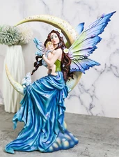 Crescent Moon Lullaby Mother Fairy in Blue Gown Embracing Her Child Baby Statue