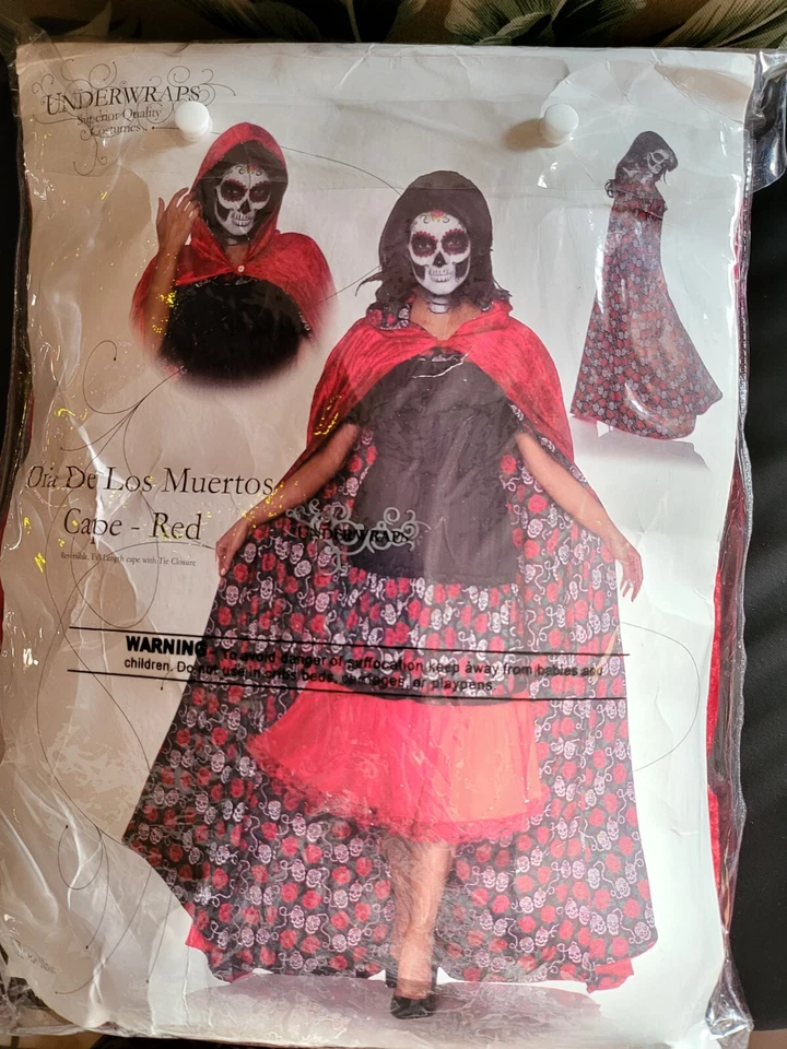 Día de Muertos Adulto Largo Completo Terciopelo Rojo Calaveras Capa Venerable Foto 3 de 4