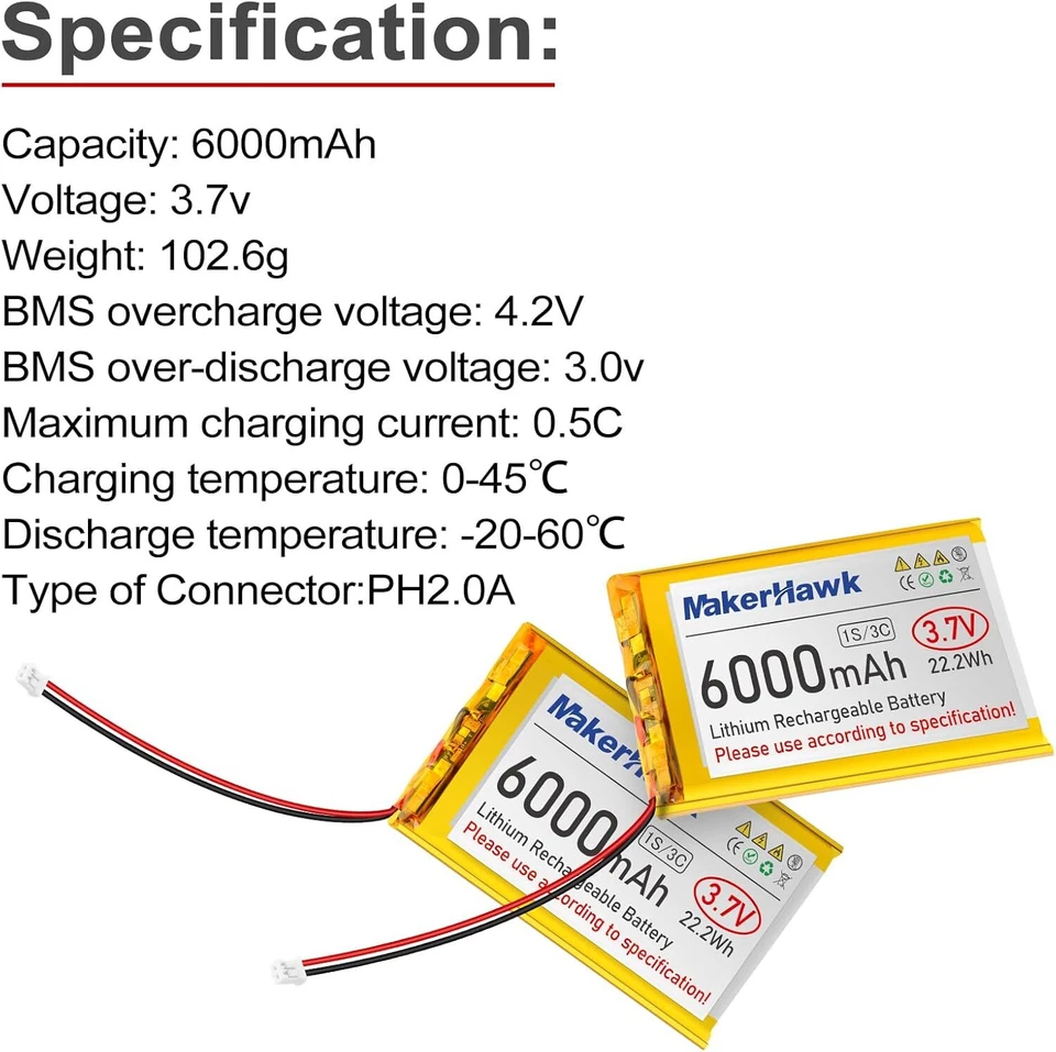 3,7 V 6000 mAh LiPo-Akku, wiederaufladbar, 1S 3C 106090 Lithium-Polymer-Akku - Bild 3 von 4