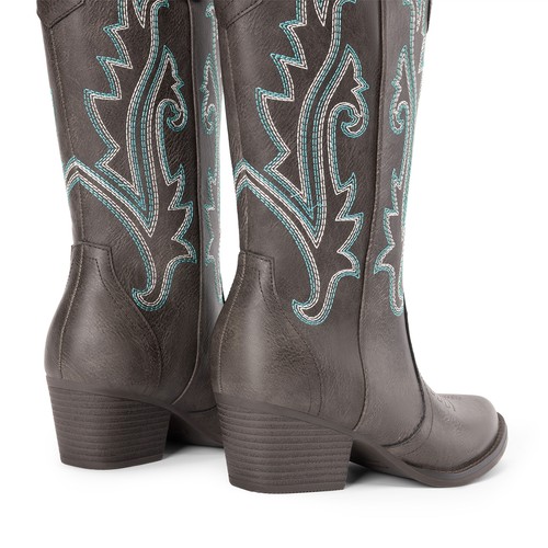 Women Western Mid Calf Boots Pointed Toe Low Heel Cowboy Cowgirls Boots - Picture 27 of 58