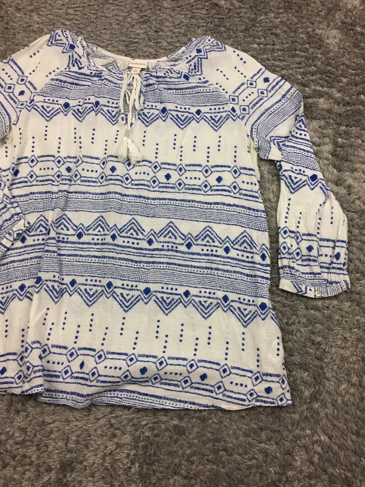 Top Merona manga 3/4 para mujer talla pequeña blanco azul ligero Foto 2 de 4