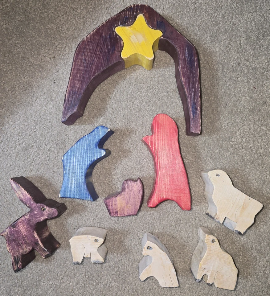 Wood Nativity Puzzle - 10 Pieces - Stained In Various Colors - Image 3 of 4