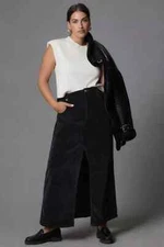 Anthropologie 26W The Madi Front-Slit Corduroy Maxi Skirt 26 W NWT Plus Black