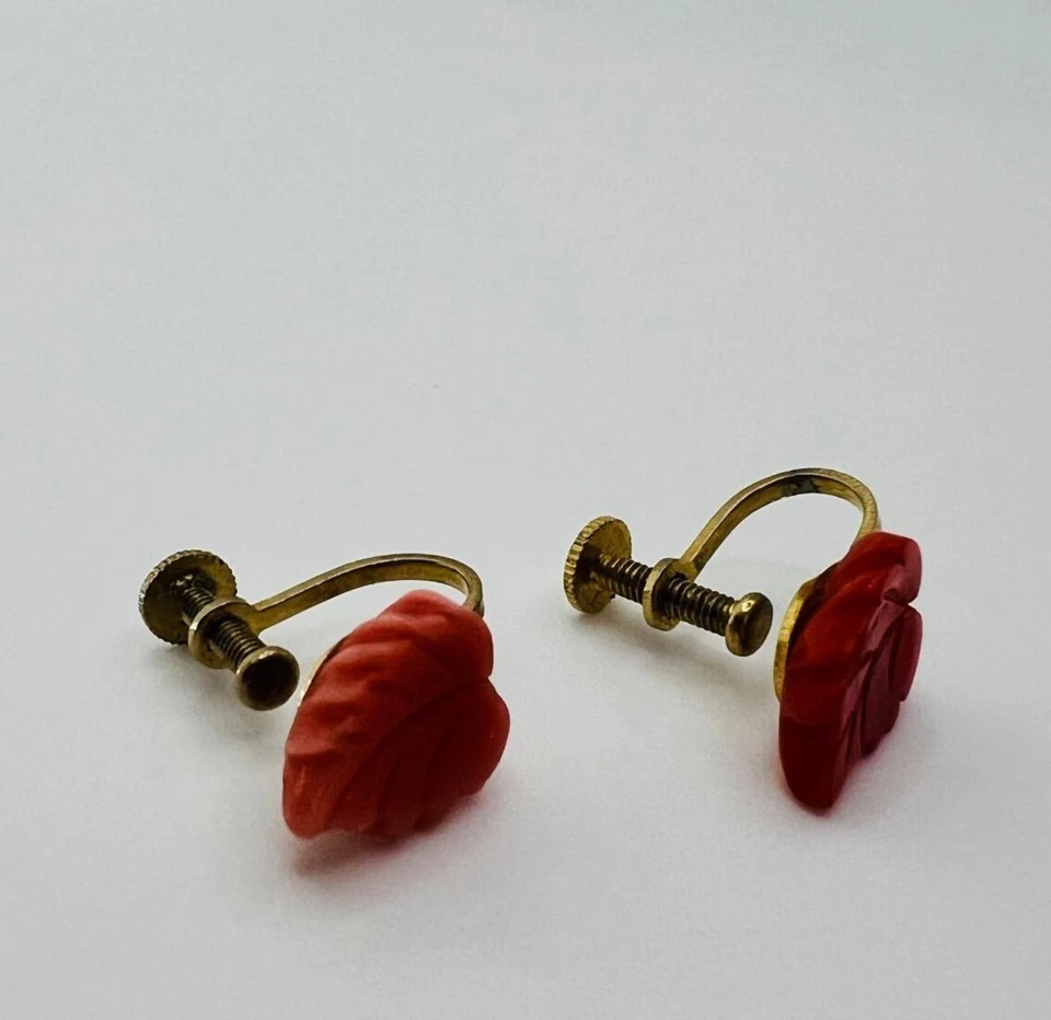 Vintage Art Deco Coral Earrings Korallen Ohrringe Blatt Handgeschnitzt 1920s - Bild 4 von 4