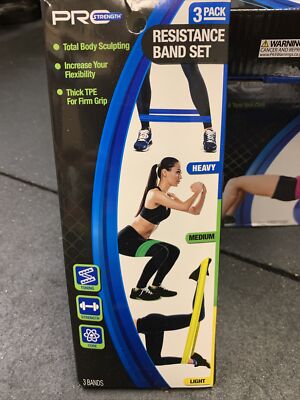 Pro Strength 3pk. Resistance Band Set: Light, Medium & Heavy Color Coded  NEW 
