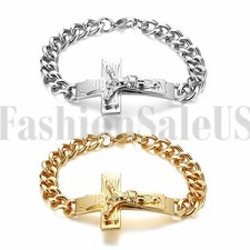 Stainless Steel Cross Jesus Crucifix Bible Verse Curb Chain Bracelet Mens Bangle