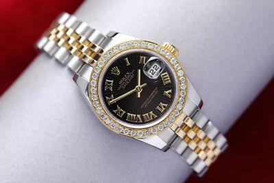 Rolex Datejust 26 mm 179173 Two Tone Ladies Watch Black Dial Diamond Bezel