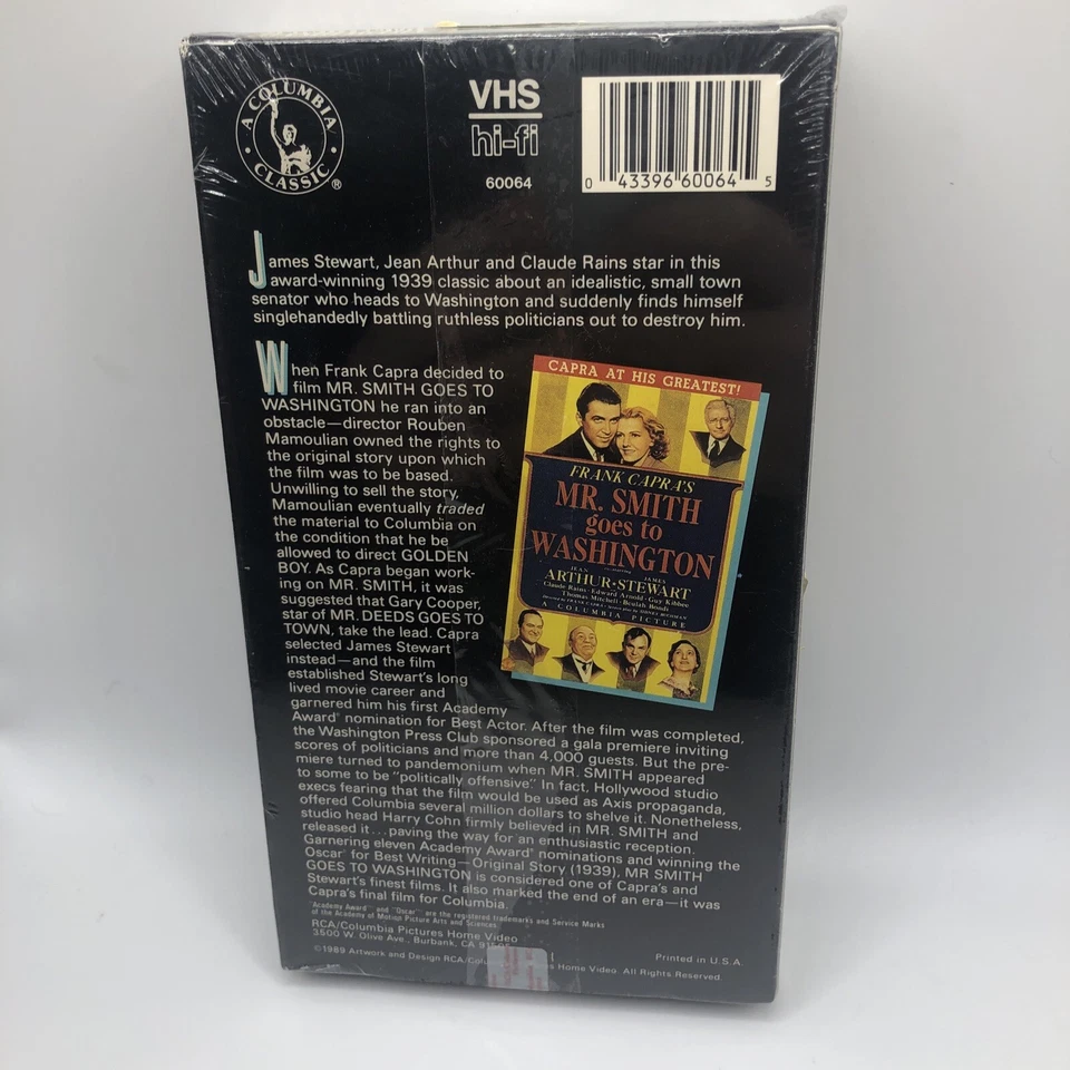 Mr Smith Goes to Washington (VHS 1989) Columbia Classics James Stewart SEALED Foto 2 de 4