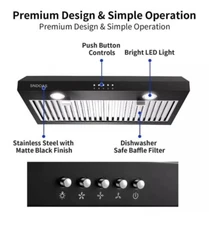 Kitchen 30” Under Cabinet Range Hood 600CFM 3-Speed Vent Black Painted w/LEDs