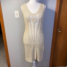ZARAKNIT Crochet Knit Midi bohemian swim cover Cream Sleeveless V Neck Sheer