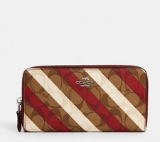 COACH Long Zip Around Wallet C2533 Leather Holiday Diagonal Print Chalk/Red NWT