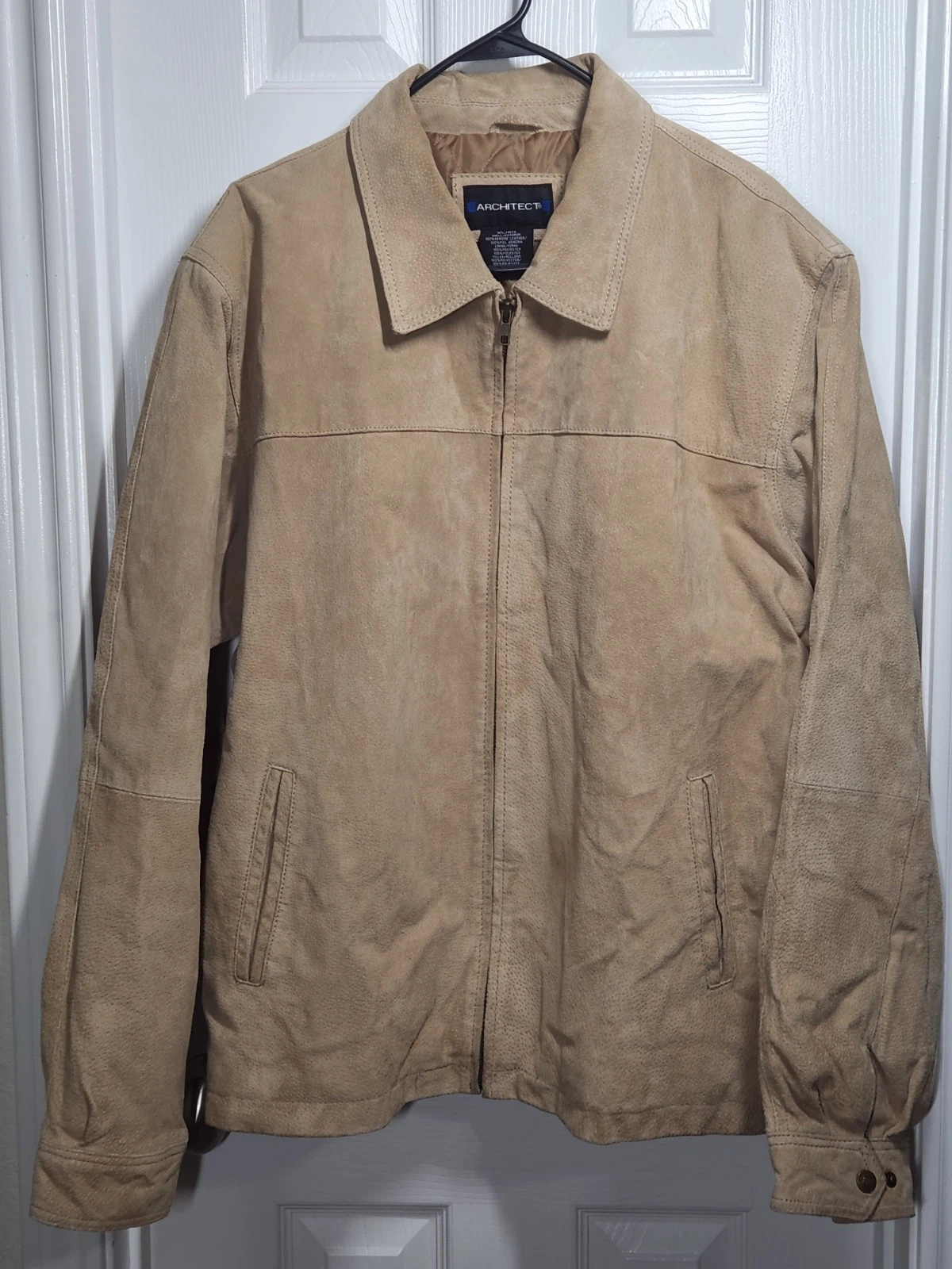 Architect Mens XL Suede Leather Bomber Jacket Beige Tan Full Zip Quilted Lining