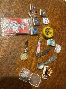 Very Nice Junk Drawer Lot Knife Boy Scout Merit Awards, Fossils, Pins Military,