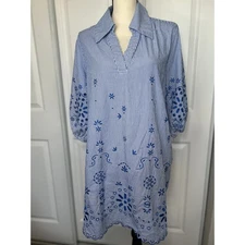 Cynthia Rowley Striped Embroidered Eyelet Dress Blue White Large Boho Resort