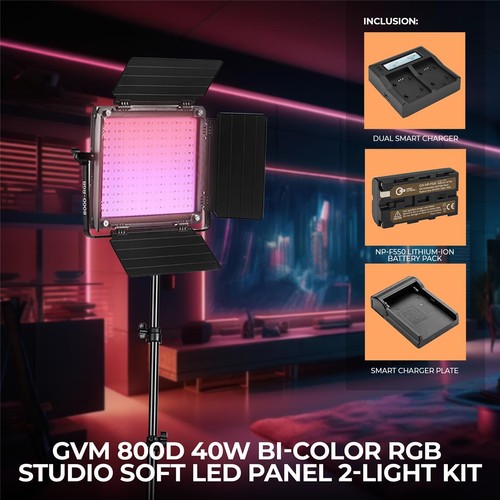 GVM 800D 40W Bi-Color RGB Studio Soft LED Panel 2-Light Kit, Bundle with Green E - Picture 3 of 10