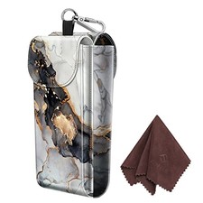 Double Glasses Case with Carabiner Hook, Portable Vegan Leather Cloudy Marble