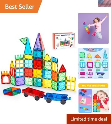 Safe & Non-Toxic 100 PCS Magnetic Tiles with Cars - Perfect for Young Builders