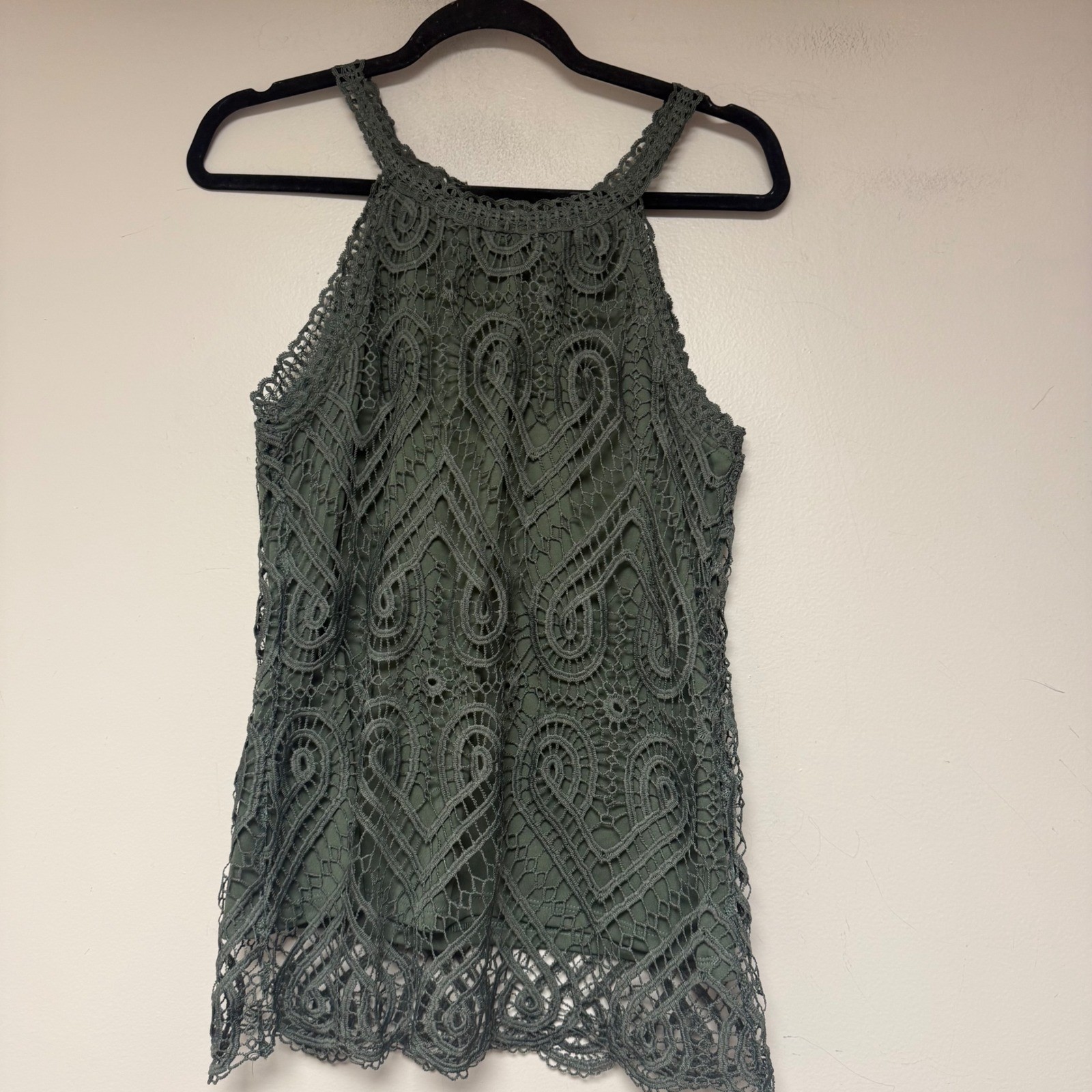 Adiva Crochet Lace Halter Top Women Size S Olive Green Excellent Boho Tank