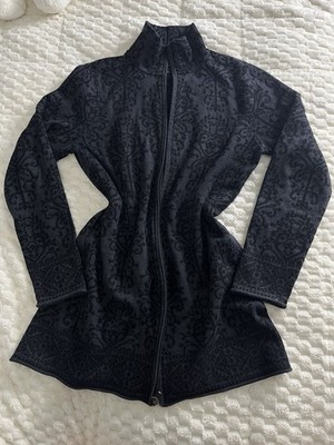 Cynthia Rowley Black Gray Damask Knit Full Zip Cardigan Sweater Mock Neck L