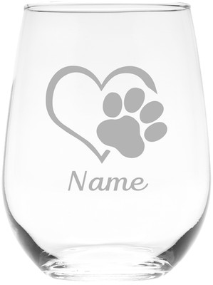 Heart Pawprint with Name Personalized Stemless Wine Glass, 12 Characters Max