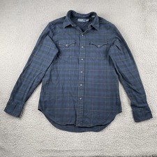 Vtg Polo Ralph Lauren Plaid Flannel Pearl Snap Button Western 2 Tone Blue Medium