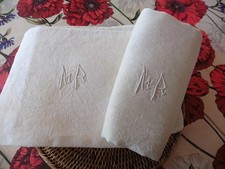 12 ANCIENNES SERVIETTES DE TABLE DAMASSE LIN CREME"MR"OURLETS MAIN 63X74CM